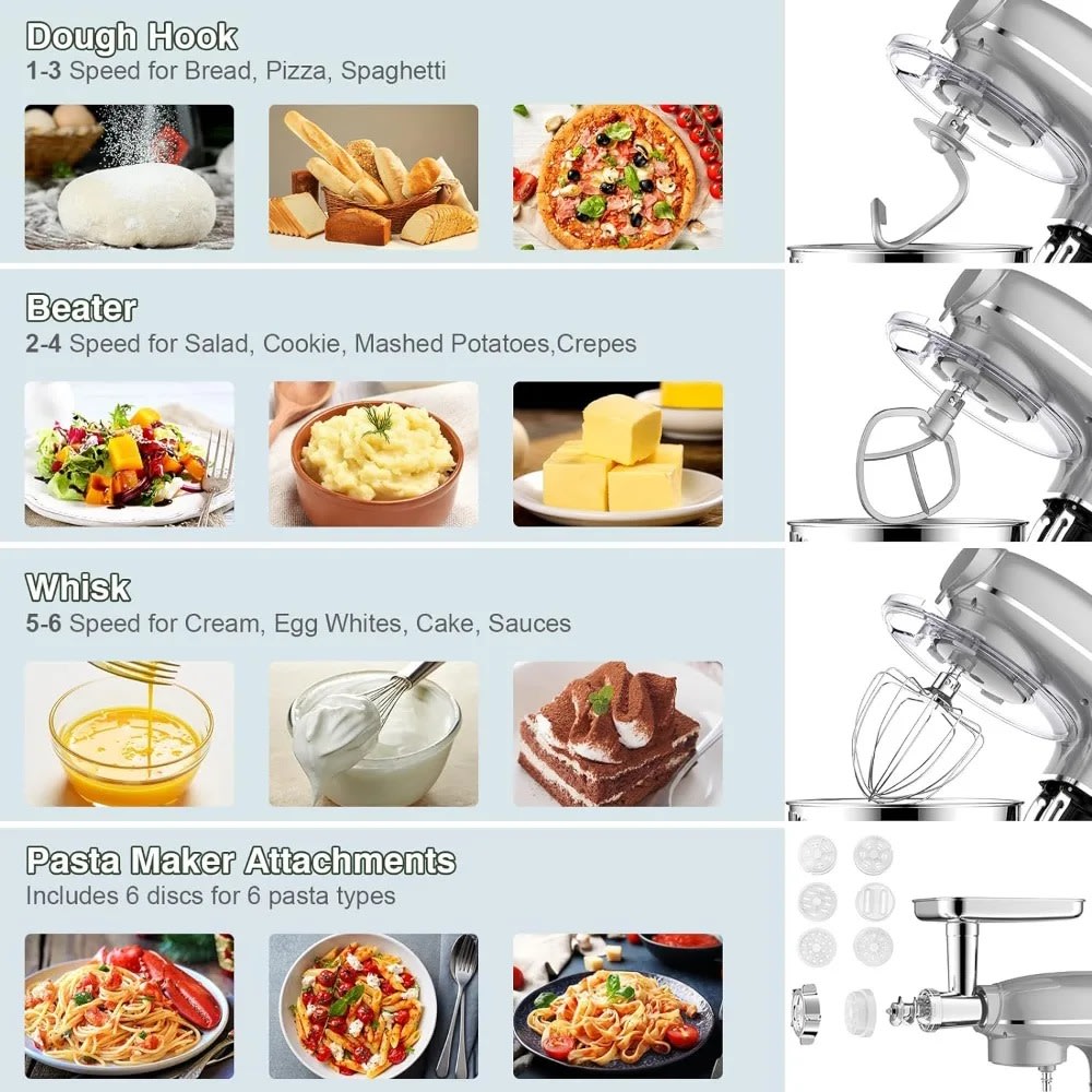 6-IN-1 Electric Kitchen Mixer with 6.5QT Bowl & Meat Grinder